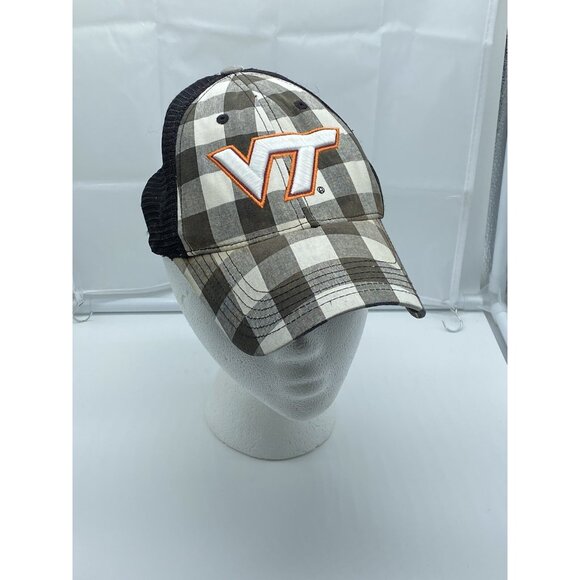 Virginia Tech Hokies Tan Plaid Cap Trucker Hat Hook & Loop NCAA Mesh - Picture 10 of 16